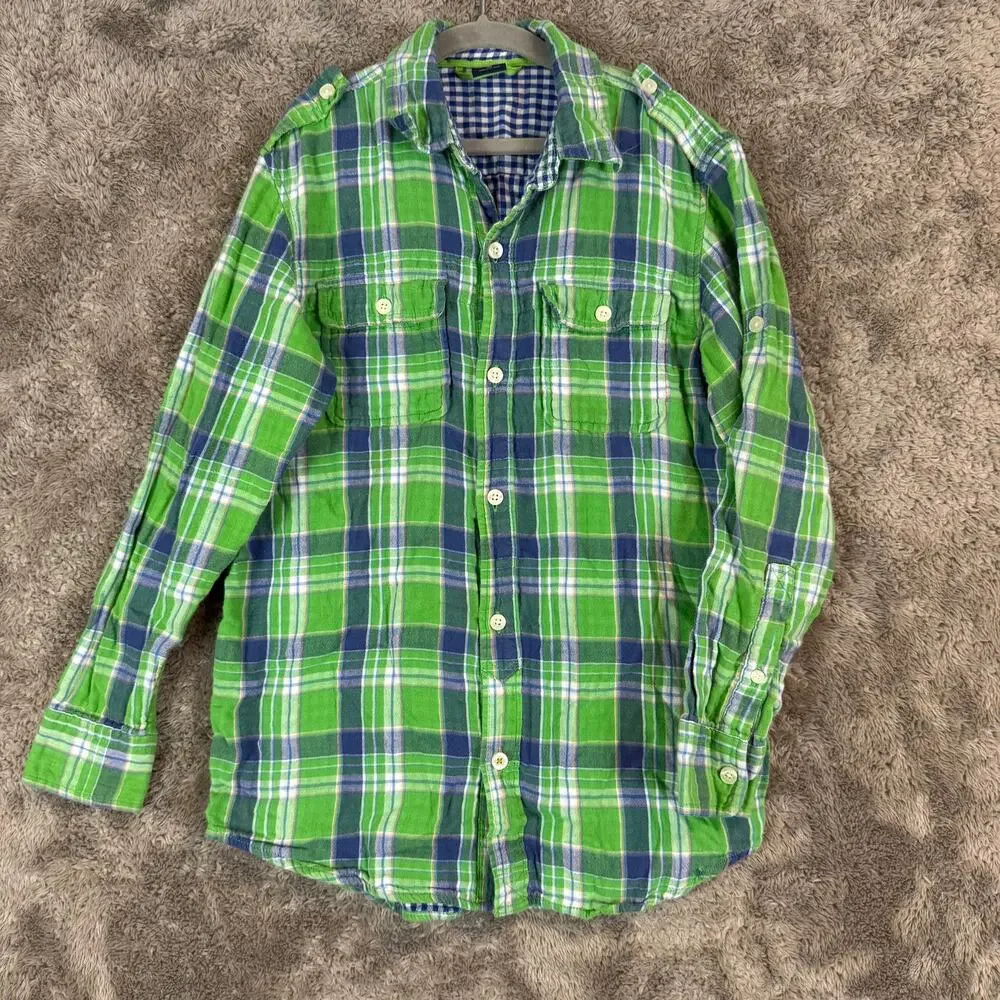 Gap Kids Double Weave Green Plaid button Down Shirt L 10 Boys Convertible